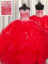 Colorful Visible Boning Beaded Bodice Ball Gowns Quinceanera Gowns Red Sweetheart Organza Sleeveless Floor Length Lace Up
