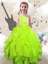  Yellow Green One Shoulder Neckline Beading and Ruffles Little Girl Pageant Gowns Sleeveless Lace Up