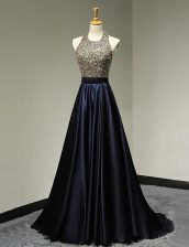 Glamorous Scoop Black Sleeveless With Train Beading Backless Evening Dress