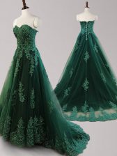 Affordable Sweetheart Sleeveless Tulle Prom Dresses Beading and Appliques Brush Train Lace Up