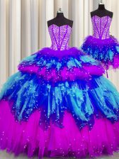 Excellent Three Piece Visible Boning Multi-color Sleeveless Floor Length Beading and Ruffles and Ruffled Layers and Sequins Lace Up Quinceanera Dress