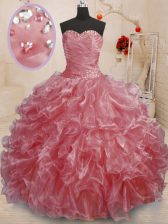 On Sale Watermelon Red Ball Gowns Sweetheart Sleeveless Organza Floor Length Lace Up Beading and Ruffles Ball Gown Prom Dress