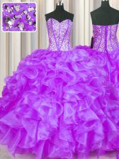Dynamic Eggplant Purple Ball Gowns Organza Sweetheart Sleeveless Beading and Ruffles Floor Length Lace Up Vestidos de Quinceanera