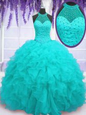 Aqua Blue Organza Lace Up High-neck Sleeveless Floor Length Sweet 16 Quinceanera Dress Beading and Ruffles