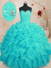 High Quality Aqua Blue Organza Lace Up Sweetheart Sleeveless Floor Length Ball Gown Prom Dress Beading and Ruffles