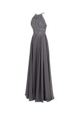 Designer Spaghetti Straps Sleeveless Prom Party Dress Floor Length Beading Grey Chiffon
