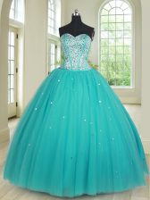  Aqua Blue Sleeveless Floor Length Beading Lace Up Sweet 16 Quinceanera Dress