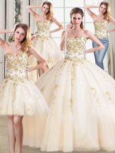 High Class Four Piece Sweetheart Sleeveless Quinceanera Gown Floor Length Beading Champagne Tulle