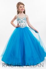 Custom Designed A-line Little Girls Pageant Gowns Blue Straps Tulle Sleeveless Floor Length Zipper