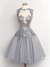  Scalloped Grey Cap Sleeves Chiffon Zipper Evening Dress for Prom and Party