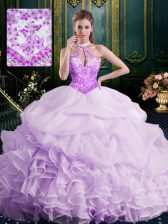 Elegant Lavender Ball Gowns Halter Top Sleeveless Organza Brush Train Lace Up Beading and Lace and Appliques and Ruffles and Pick Ups 15th Birthday Dress