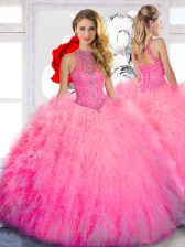 Sexy Baby Pink Sleeveless Beading Floor Length Quinceanera Dress