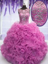 Modern Scoop Lilac Organza Lace Up Quinceanera Gowns Sleeveless Floor Length Beading and Ruffles