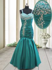  Mermaid Straps Floor Length Lace Up Prom Dress Teal for Prom and Party with Beading and Ruching