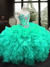 Custom Made Sleeveless Lace Up Floor Length Embroidery and Ruffles Quince Ball Gowns