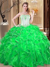 Hot Selling Strapless Sleeveless Quince Ball Gowns Floor Length Embroidery and Ruffles Green Organza