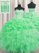  Visible Boning Organza Lace Up Sweetheart Sleeveless Floor Length Sweet 16 Dress Beading and Ruffles and Pick Ups