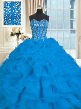  Blue Sweetheart Neckline Beading and Ruffles Sweet 16 Quinceanera Dress Sleeveless Lace Up