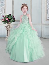 Lovely Halter Top Sleeveless Organza Little Girls Pageant Gowns Beading and Ruffles Lace Up