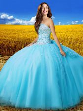  Ball Gowns Quinceanera Dresses Aqua Blue Strapless Tulle Sleeveless Floor Length Lace Up