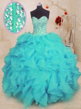  Floor Length Aqua Blue Quinceanera Gown Organza Sleeveless Beading and Ruffles