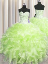 Colorful Visible Boning Yellow Green Sweetheart Neckline Beading and Ruffles Ball Gown Prom Dress Sleeveless Zipper