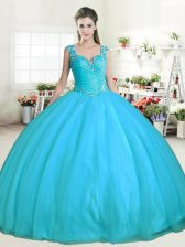  Aqua Blue Tulle Zipper Straps Sleeveless Floor Length Quinceanera Gown Beading