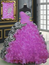  Printed Fuchsia Sleeveless Brush Train Beading and Ruffles and Pattern With Train Quince Ball Gowns