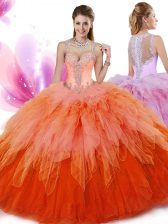 Dramatic Tulle V-neck Sleeveless Zipper Beading and Ruffles Quince Ball Gowns in Multi-color