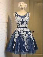  Scoop Sleeveless Evening Dress Knee Length Appliques Navy Blue Organza