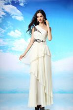 Cute Ruffled Column/Sheath White One Shoulder Chiffon Sleeveless Ankle Length Side Zipper