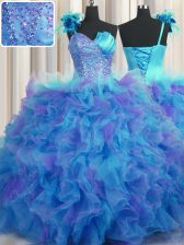 Custom Fit Handcrafted Flower Multi-color One Shoulder Neckline Beading and Ruffles and Hand Made Flower Ball Gown Prom Dress Sleeveless Lace Up