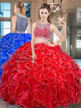 Organza Bateau Sleeveless Side Zipper Beading and Ruffles Quinceanera Gown in Red