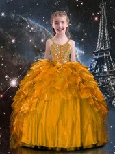 Dazzling Floor Length Lace Up Little Girls Pageant Gowns Orange for Party and Wedding Party with Beading and Ruffles