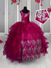 Top Selling Fuchsia Sleeveless Floor Length Appliques and Ruffled Layers Lace Up Little Girls Pageant Dress Wholesale