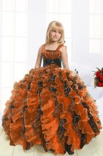  Orange Ball Gowns Straps Sleeveless Organza Floor Length Lace Up Beading and Ruffles Pageant Gowns For Girls