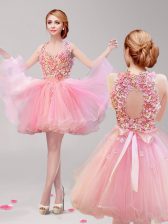 Fashionable Halter Top Sleeveless Tulle Mini Length Backless Prom Dresses in Pink with Ruffles and Hand Made Flower