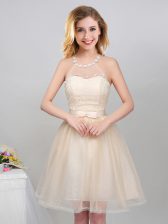 Popular Halter Top Sleeveless Mini Length Lace and Appliques and Belt Lace Up Damas Dress with Champagne