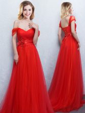 Spectacular Off The Shoulder Sleeveless Brush Train Lace Up Damas Dress Red Tulle
