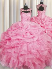 Modest Rose Pink Scoop Lace Up Beading and Pick Ups Ball Gown Prom Dress Sleeveless