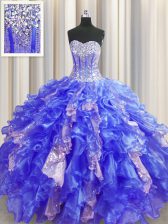  Visible Boning Sleeveless Lace Up Floor Length Beading and Ruffles and Sequins 15 Quinceanera Dress