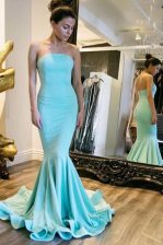 Classical Mermaid Strapless Sleeveless Sweep Train Zipper Prom Dresses Baby Blue Elastic Woven Satin