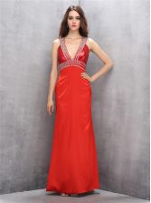 Shining Coral Red Satin Criss Cross Homecoming Dress Sleeveless Floor Length Beading
