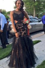 Traditional Black Mermaid Scoop Sleeveless Tulle Floor Length Backless Beading and Lace Prom Party Dress