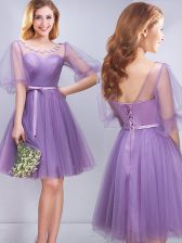  Scoop Lavender Half Sleeves Appliques and Ruching and Belt Mini Length Court Dresses for Sweet 16