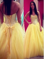 Gorgeous Yellow Lace Up Prom Dresses Sequins Sleeveless Floor Length