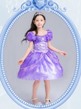  Square Organza Short Sleeves Knee Length Flower Girl Dress and Beading and Bowknot
