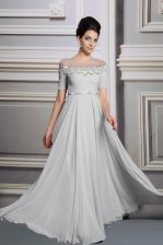  Scoop Satin Short Sleeves Floor Length Evening Dress and Appliques and Belt
