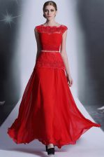  Scalloped Red Sleeveless Beading and Lace Floor Length 