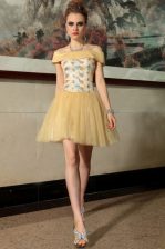 Beautiful Gold Spaghetti Straps Side Zipper Beading Cap Sleeves